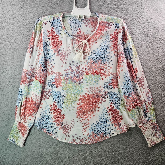 Lucky Brand Top Women Large Tie Neck Floral‎ Print Long Sleeve White - Picture 1 of 11